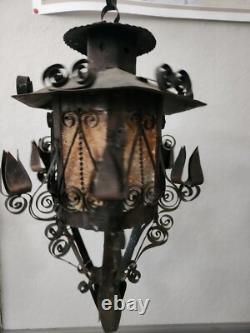 Antique Vintage Lantern Black Iron Pendant Chandelier Glass Orange Gothic Light
