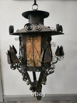 Antique Vintage Lantern Black Iron Pendant Chandelier Glass Orange Gothic Light