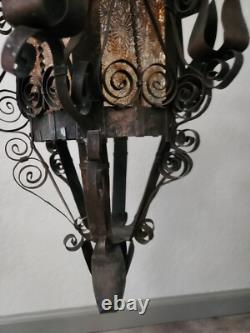 Antique Vintage Lantern Black Iron Pendant Chandelier Glass Orange Gothic Light