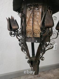 Antique Vintage Lantern Black Iron Pendant Chandelier Glass Orange Gothic Light