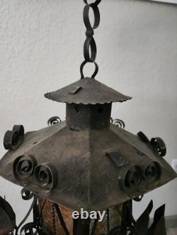 Antique Vintage Lantern Black Iron Pendant Chandelier Glass Orange Gothic Light