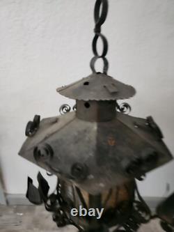 Antique Vintage Lantern Black Iron Pendant Chandelier Glass Orange Gothic Light