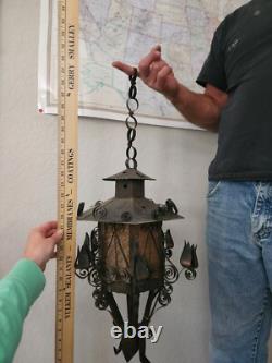 Antique Vintage Lantern Black Iron Pendant Chandelier Glass Orange Gothic Light