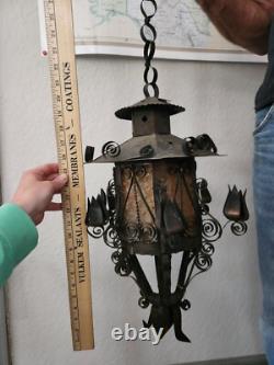 Antique Vintage Lantern Black Iron Pendant Chandelier Glass Orange Gothic Light