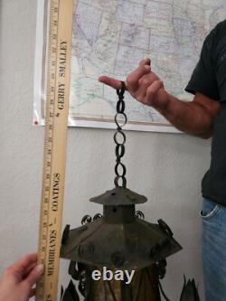 Antique Vintage Lantern Black Iron Pendant Chandelier Glass Orange Gothic Light