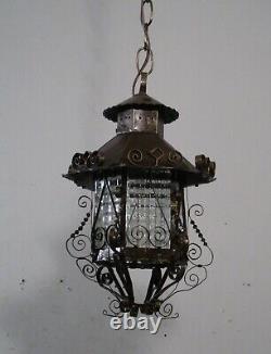 Antique Vintage Lantern Black Iron Pendant Chandelier Scrolled Glass Small