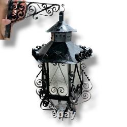 Antique Vintage Lantern Black Iron Pendant Chandelier Scrolled Glass Small
