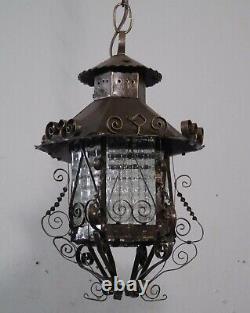 Antique Vintage Lantern Black Iron Pendant Chandelier Scrolled Glass Small