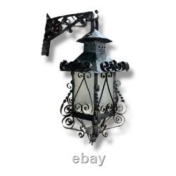 Antique Vintage Lantern Black Iron Pendant Chandelier Scrolled Glass Small
