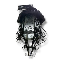 Antique Vintage Lantern Black Iron Pendant Chandelier Scrolled Glass Small