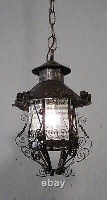 Antique Vintage Lantern Black Iron Pendant Chandelier Scrolled Glass Small