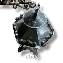 Antique Vintage Lantern Black Iron Pendant Chandelier Scrolled Glass Small