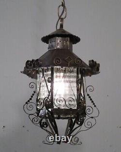 Antique Vintage Lantern Black Iron Pendant Chandelier Scrolled Glass Small