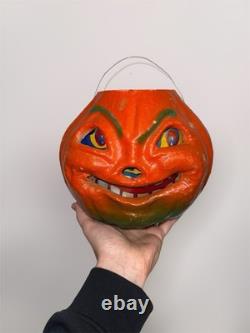 Antique Vintage Original HALLOWEEN Large 7 Paper Mache Pumpkin Jack-O-Lantern