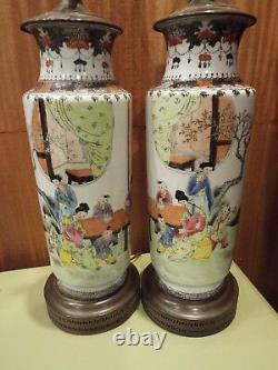 Antique Vintage Pair Chinese Republic Hand Painted Vase Lamps Geisha Students