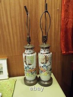 Antique Vintage Pair Chinese Republic Hand Painted Vase Lamps Geisha Students