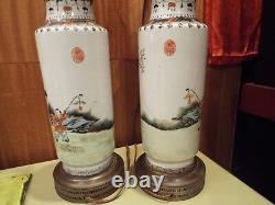 Antique Vintage Pair Chinese Republic Hand Painted Vase Lamps Geisha Students
