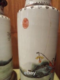 Antique Vintage Pair Chinese Republic Hand Painted Vase Lamps Geisha Students