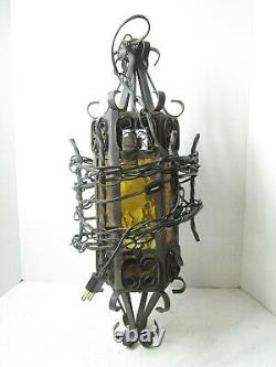Antique Vintage Spanish Revival Gothic Amber Glass Iron Pendant Light Lantern