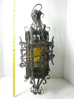Antique Vintage Spanish Revival Gothic Amber Glass Iron Pendant Light Lantern