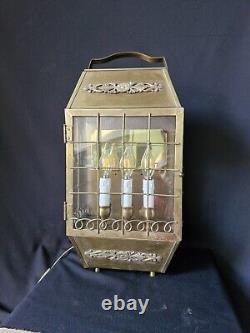 Antique Vintage brass and glass lantern table lamp with 3 lights inside