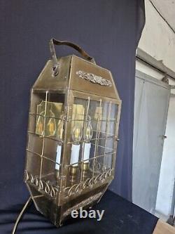 Antique Vintage brass and glass lantern table lamp with 3 lights inside