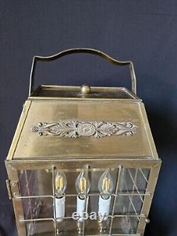 Antique Vintage brass and glass lantern table lamp with 3 lights inside