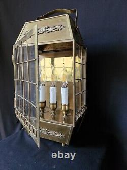Antique Vintage brass and glass lantern table lamp with 3 lights inside