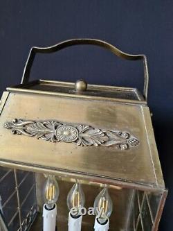 Antique Vintage brass and glass lantern table lamp with 3 lights inside
