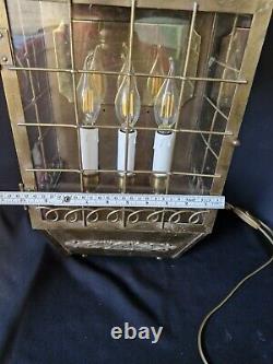 Antique Vintage brass and glass lantern table lamp with 3 lights inside