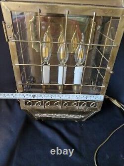 Antique Vintage brass and glass lantern table lamp with 3 lights inside