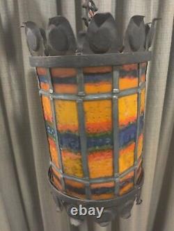 Antique Vitraux Cast Iron Ceiling Lantern Light Leaded Stained Glass 15