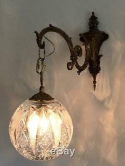 Antique Vtg Brass Czech Bohemian Cut Crystal Chandelier Lantern Sconce Wall Lamp