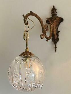 Antique Vtg Brass Czech Bohemian Cut Crystal Chandelier Lantern Sconce Wall Lamp