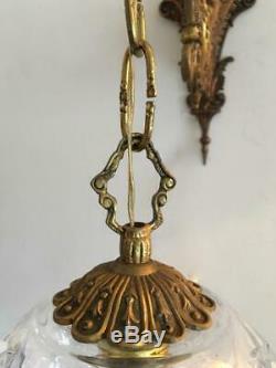 Antique Vtg Brass Czech Bohemian Cut Crystal Chandelier Lantern Sconce Wall Lamp