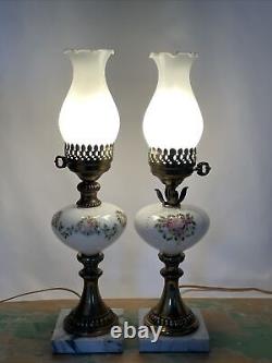 Antique Vtg Electric Oil Lamp PAIR Floral MCM Boudoir Victorian Art Deco Buffet