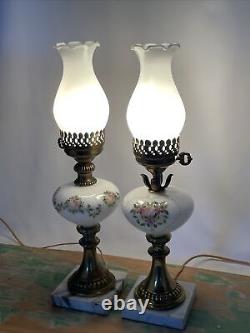 Antique Vtg Electric Oil Lamp PAIR Floral MCM Boudoir Victorian Art Deco Buffet