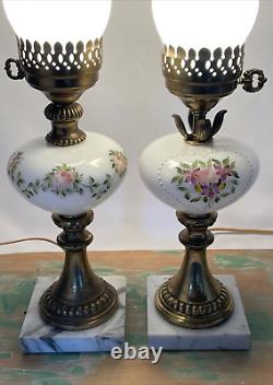 Antique Vtg Electric Oil Lamp PAIR Floral MCM Boudoir Victorian Art Deco Buffet