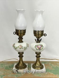 Antique Vtg Electric Oil Lamp PAIR Floral MCM Boudoir Victorian Art Deco Buffet