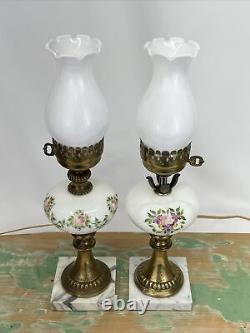 Antique Vtg Electric Oil Lamp PAIR Floral MCM Boudoir Victorian Art Deco Buffet