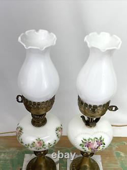 Antique Vtg Electric Oil Lamp PAIR Floral MCM Boudoir Victorian Art Deco Buffet