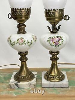 Antique Vtg Electric Oil Lamp PAIR Floral MCM Boudoir Victorian Art Deco Buffet