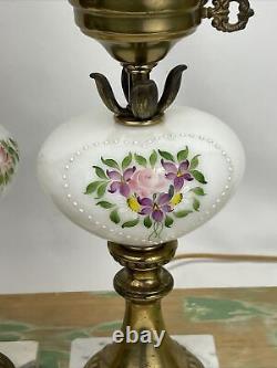 Antique Vtg Electric Oil Lamp PAIR Floral MCM Boudoir Victorian Art Deco Buffet