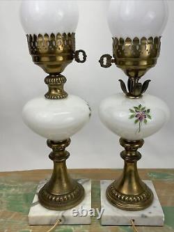 Antique Vtg Electric Oil Lamp PAIR Floral MCM Boudoir Victorian Art Deco Buffet