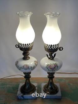 Antique Vtg Electric Oil Lamp PAIR Floral MCM Boudoir Victorian Art Deco Buffet