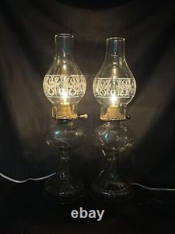 Antique Vtg Electric Oil Lamp PAIR Victorian Art Deco Clear Glass Buffet Boudoir