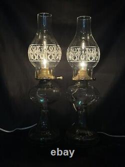 Antique Vtg Electric Oil Lamp PAIR Victorian Art Deco Clear Glass Buffet Boudoir