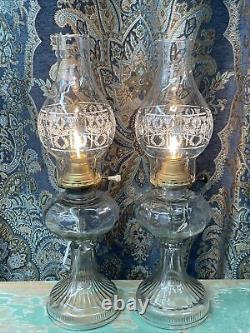 Antique Vtg Electric Oil Lamp PAIR Victorian Art Deco Clear Glass Buffet Boudoir