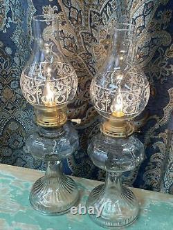 Antique Vtg Electric Oil Lamp PAIR Victorian Art Deco Clear Glass Buffet Boudoir