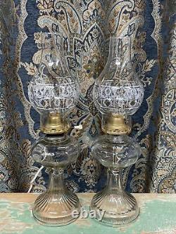 Antique Vtg Electric Oil Lamp PAIR Victorian Art Deco Clear Glass Buffet Boudoir